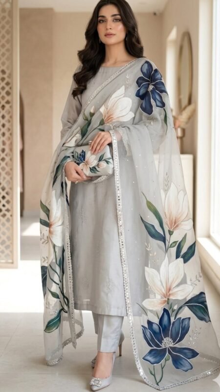 Royal Blue Printed Kurti and Beige Cutwork Palazzo Suit