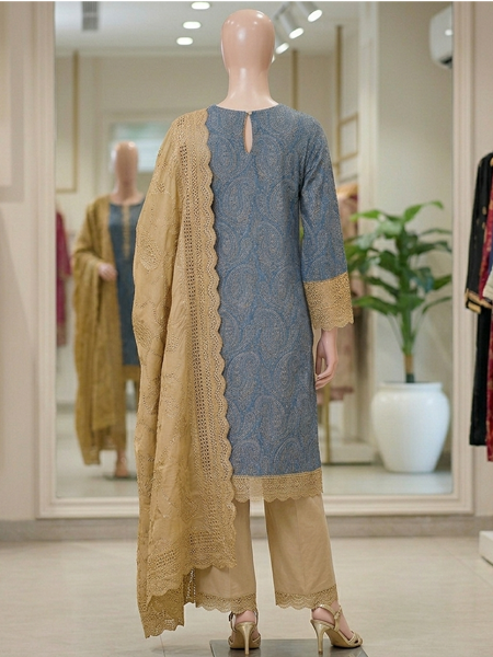 Royal Blue Printed Kurti and Beige Cutwork Palazzo Suit