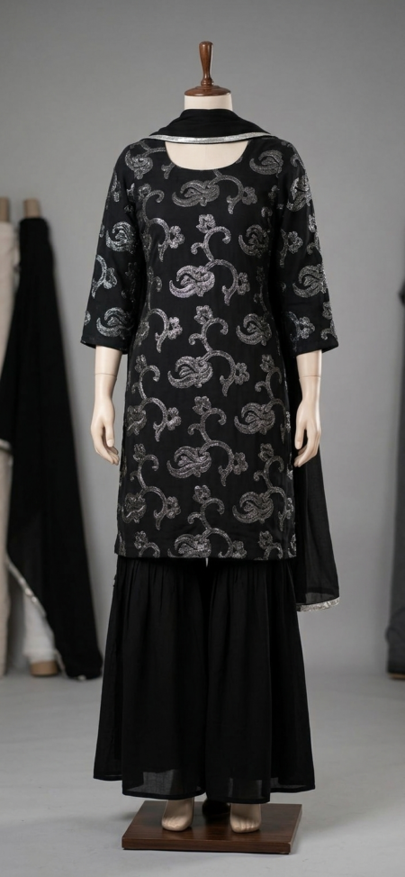 Metallic Embroidered Black Sharara Suit