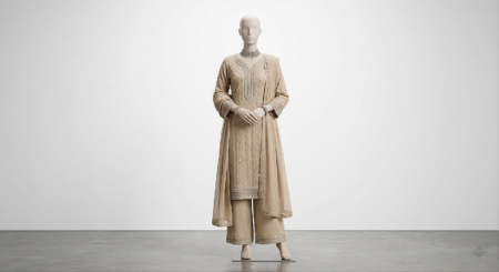 Premium Beige Embroidered Georgette Kurti with Palazzo and Dupatta Set