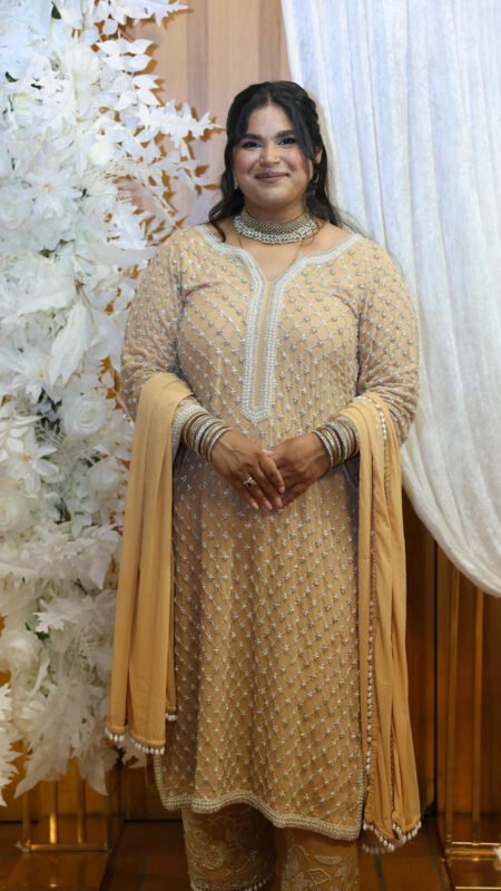 Premium Beige Embroidered Georgette Kurti with Palazzo and Dupatta Set