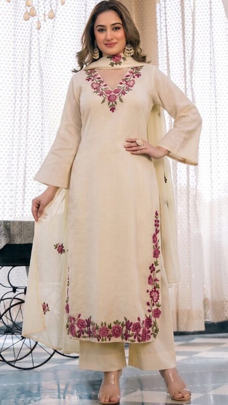 Premium Beige Embroidered Georgette Kurti with Palazzo and Dupatta Set (Copy) (Copy) (Copy) (Copy)